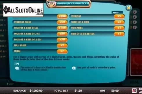 Paytable. Double Aces & Faces (Red Rake) from Red Rake