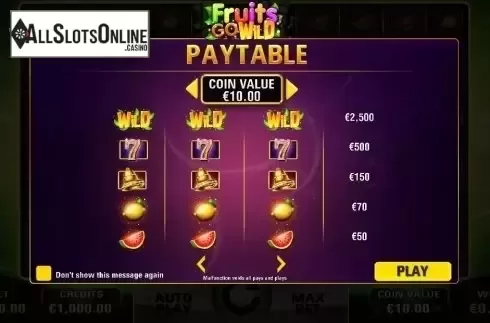 Paytable 1. Fruits Go Wild from Electric Elephant
