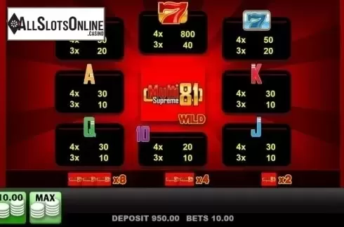 Paytable. Multi Supreme 81 from Merkur