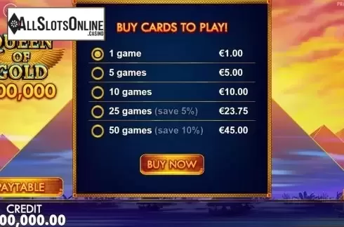 Start Screen. Queen of Gold Scratchcard from Pragmatic Play