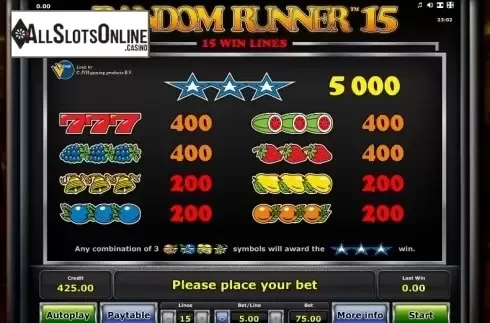 Paytable 1. Random Runner 15 from Greentube