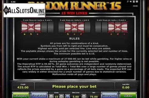 Paytable 2. Random Runner 15 from Greentube