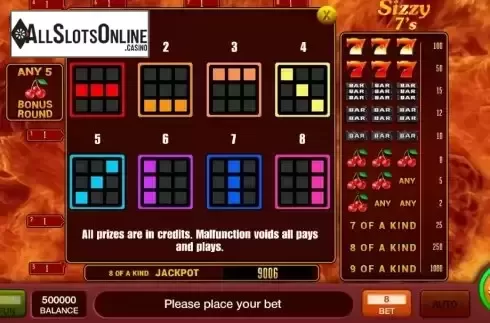 Paytable screen