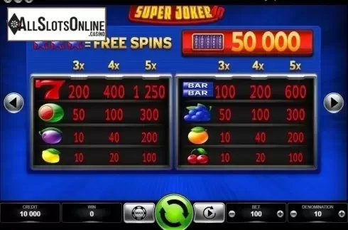 Paytable. Super Joker 40 (Kajot Games) from KAJOT