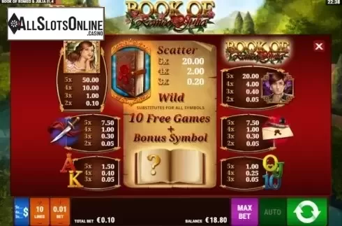 Paytable 1. Book of Romeo & Julia from Gamomat