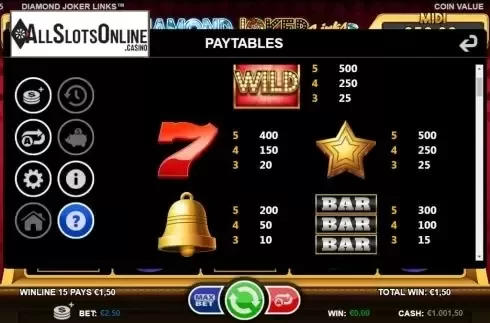 Paytable screen. Diamond Joker Links from Betsson Group