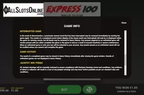 Info 3. Express 100 from Hacksaw Gaming