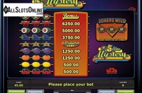 Paytable. Five Line Mystery from Novomatic