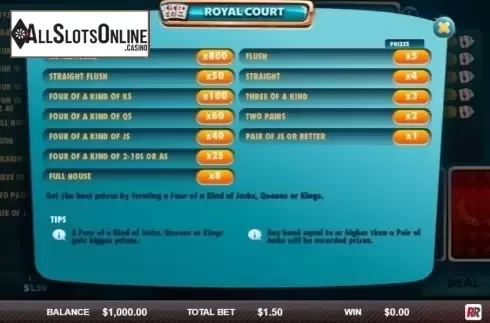 Paytable. Royal Court from Red Rake