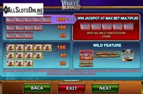 Paytable 3. White Buffalo (Amaya) from Amaya