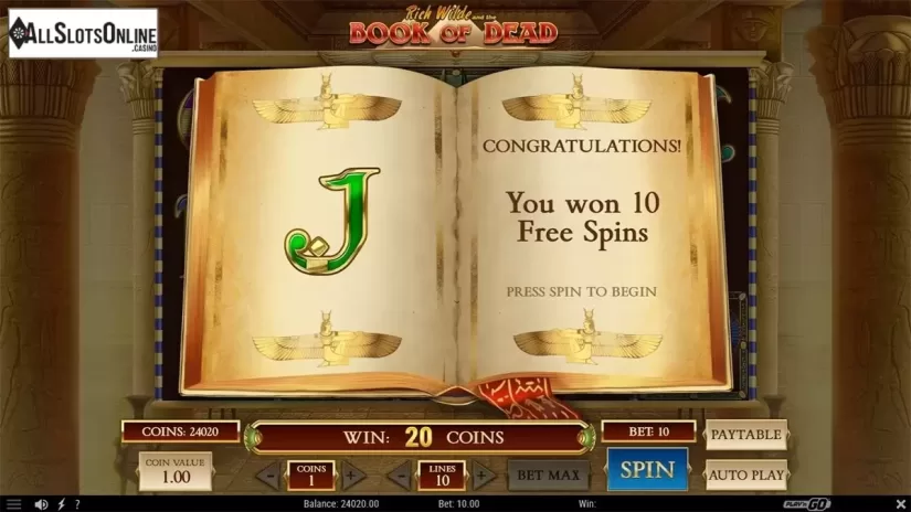Free spins intro screen. Book of Dead from Play'n Go