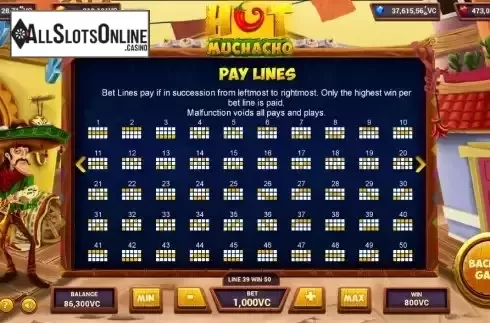 Paylines screen