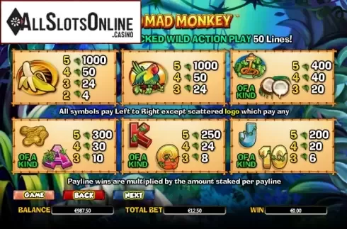 Paytable 2. Mad Mad Monkey from NextGen