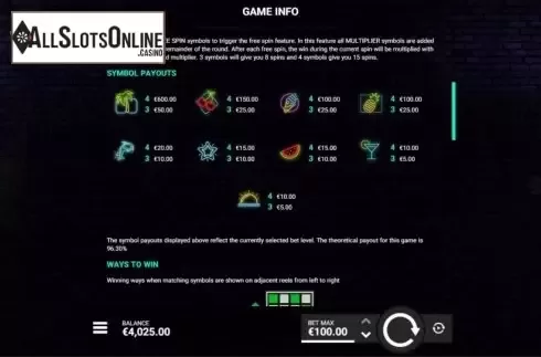 Paytable. Miami Multiplier from Hacksaw Gaming