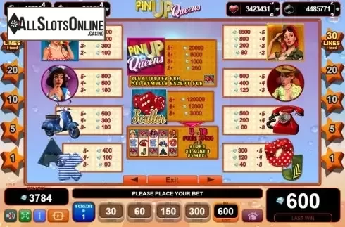 Paytable screen. Pin Up Queens (EGT) from EGT