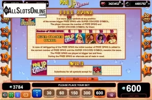 Features screen. Pin Up Queens (EGT) from EGT