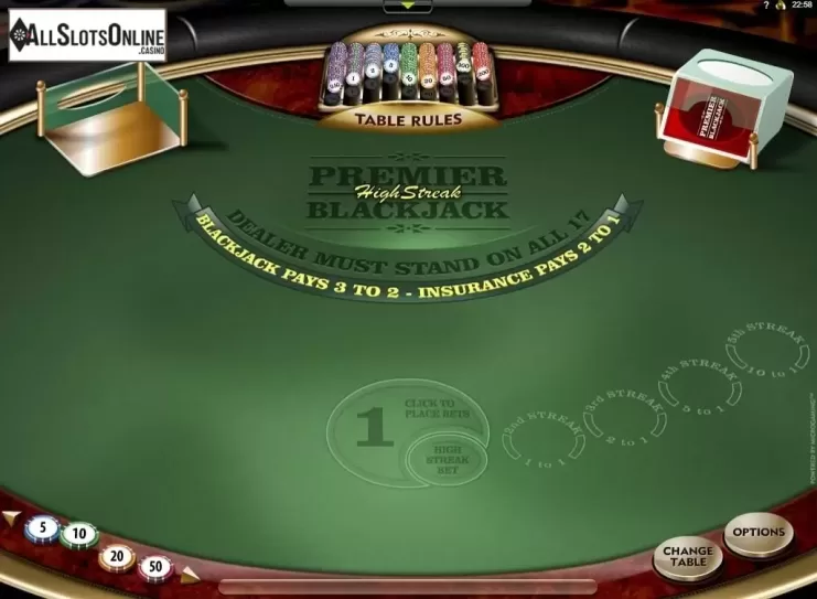 Game Screen. Premier High Streak Blackjack from Microgaming