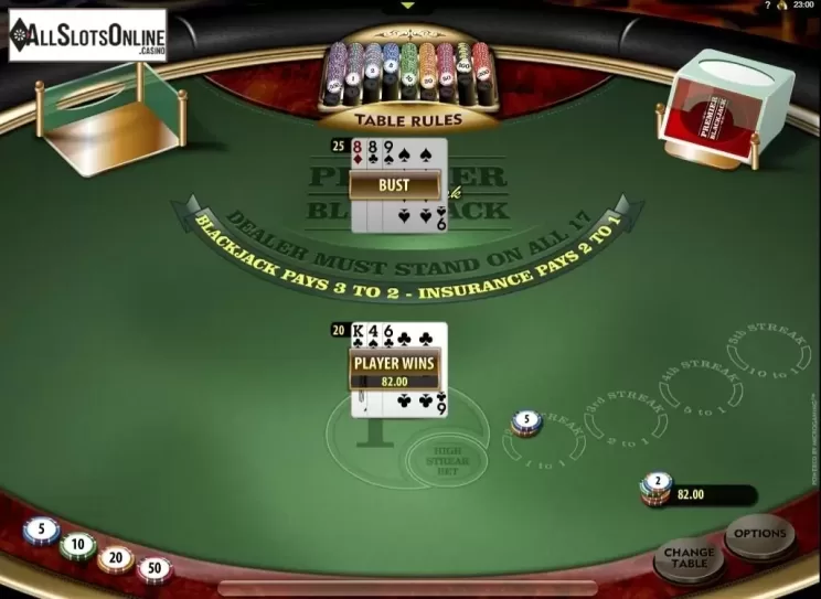 Game Screen. Premier High Streak Blackjack from Microgaming