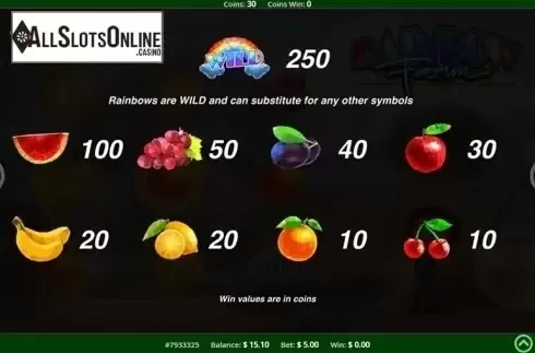 Paytable . Rainbow Farm from Concept Gaming