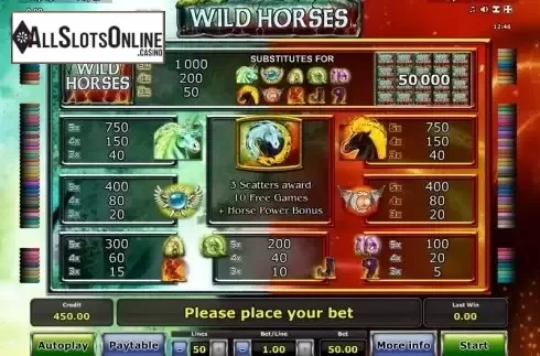 Paytable 1. Wild Horses (Green Tube) from Greentube