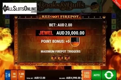 Red Firepot activation screen. Books & Bulls RHFP from Gamomat