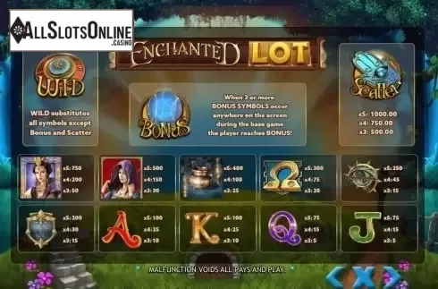 Paytable. Enchanted Lot from PlayPearls