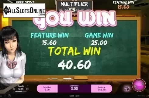 Total win screen. First Love from Spadegaming