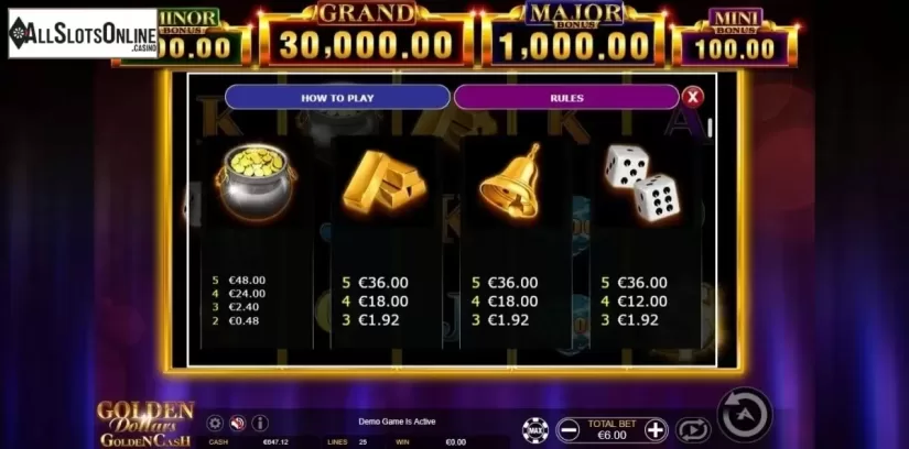 Paytable 2. Golden Dollars Golden Cash from Ainsworth
