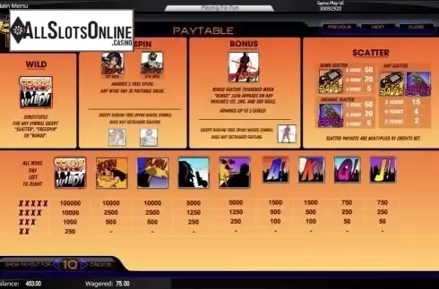 Paytable. Kat Lee Bounty Hunter from Amaya