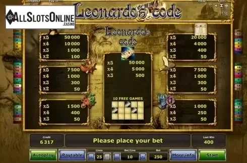 Screen2. Leonardo's Code from Greentube