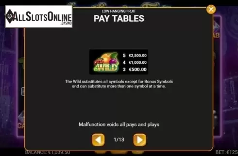 Paytable 1. Low Hanging Fruit from Leander Games