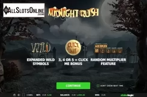 Start Screen. Midnight Rush from StakeLogic