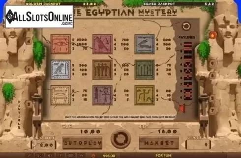 Paytable. The Egyptian Mystery from Tuko Productions