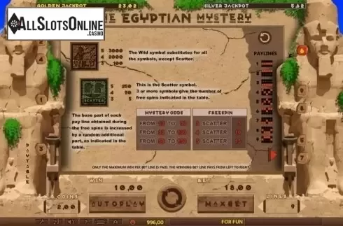 Paytable. The Egyptian Mystery from Tuko Productions