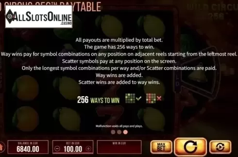 Game Rules. Wild Circus 256 from SYNOT