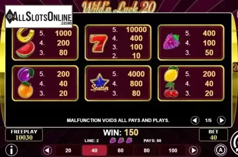 Paytable screen
