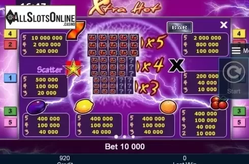 Paytable 1. Xtra Hot from Greentube