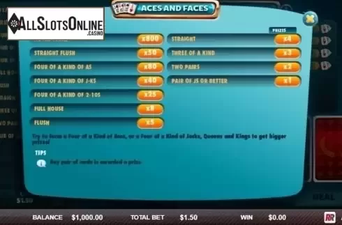 Paytable. Aces & Faces (Red Rake) from Red Rake