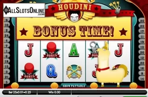 Bonus game intro screen. Houdini from Roxor Gaming