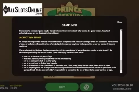 Info 4. Prince Treasure from Hacksaw Gaming