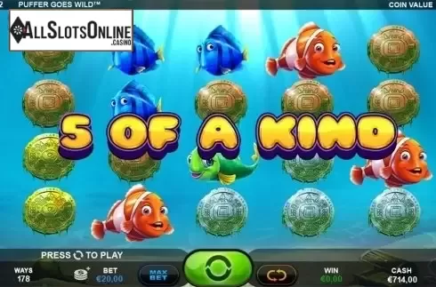 5 of a kind win screen. Puffer Goes WIld from Plank Gaming