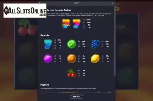 Paytable screen