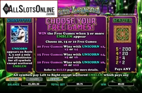 Paytable 1. Unicorn Legend from NextGen