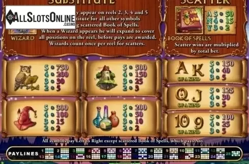 Paytable. Wild Wizards (RTG) from RTG