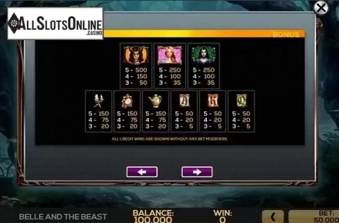 Paytable 2. Belle and the Beast from High 5 Games