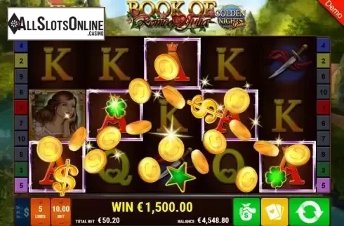 Win screen. Book of Romeo and Julia Golden Nights from Gamomat