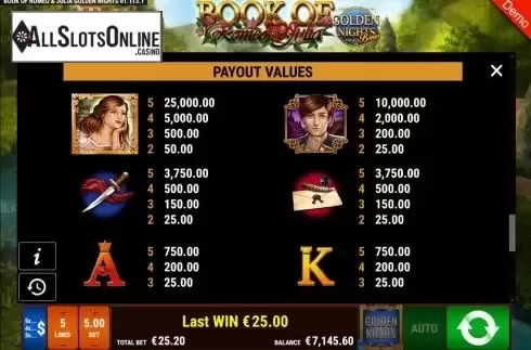 Paytable screen 2. Book of Romeo and Julia Golden Nights from Gamomat