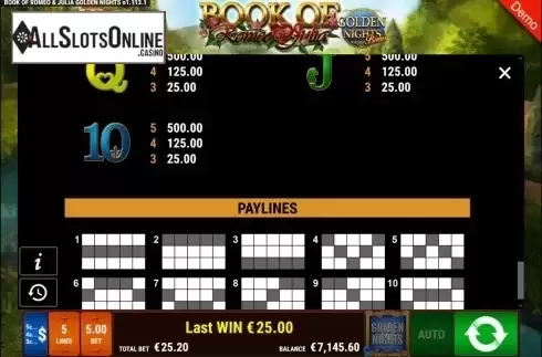 Paylines screen. Book of Romeo and Julia Golden Nights from Gamomat