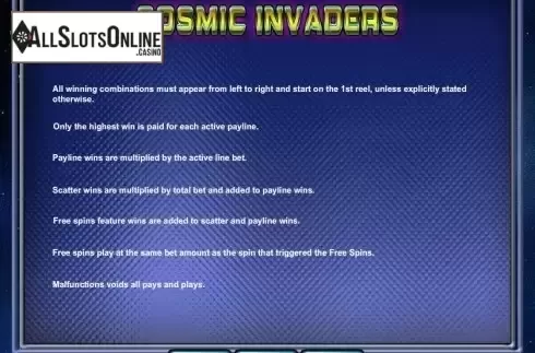 Paytable 3. Cosmic Invaders from 2by2 Gaming