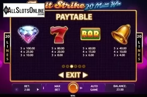 Paytable 1. Fruit Strike: 20 Multi Win from Bet2Tech